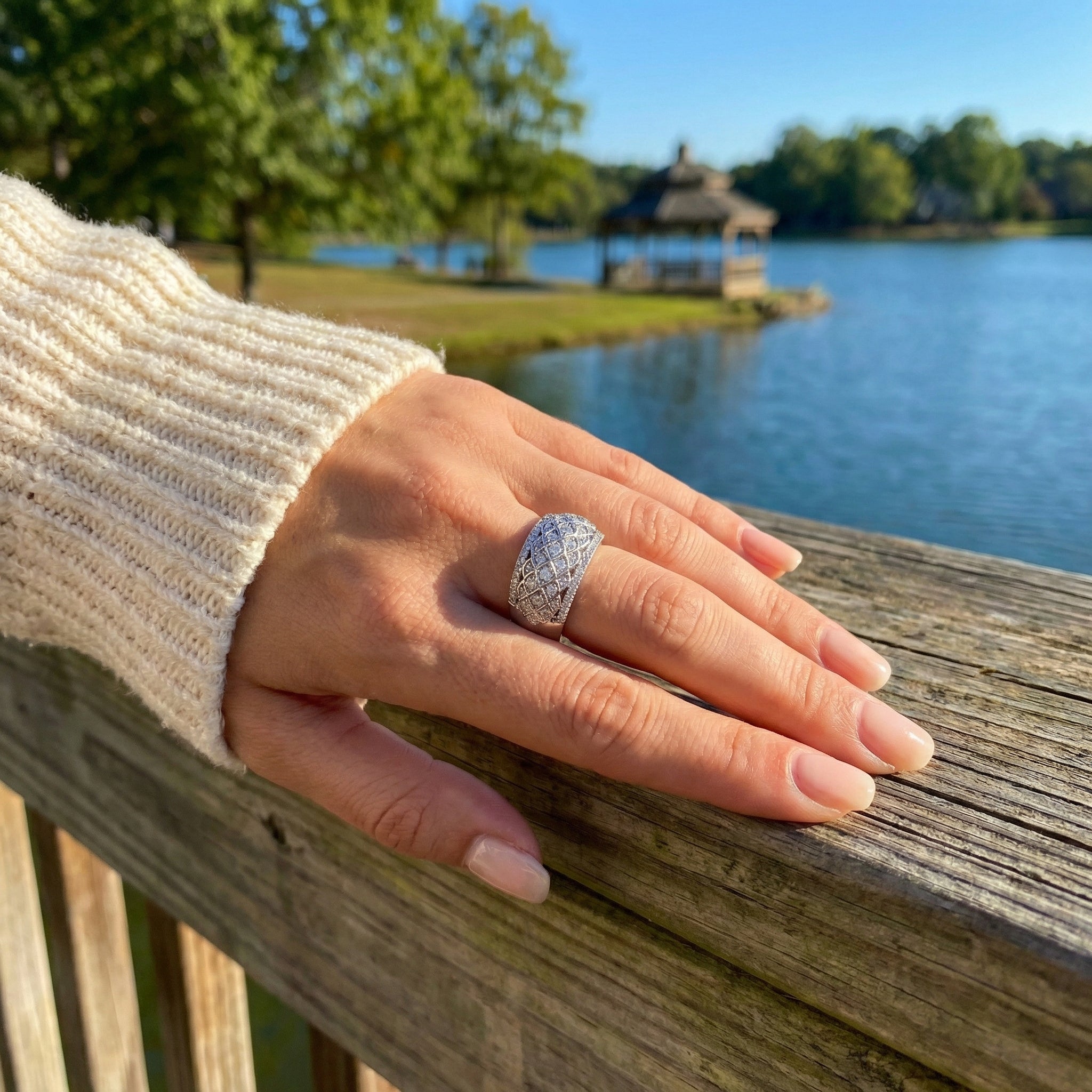 Round Diamond Scale Pattern Wide Band | 10K White Gold | Pavé Diamond Statement Ring - Brownee Jewelers