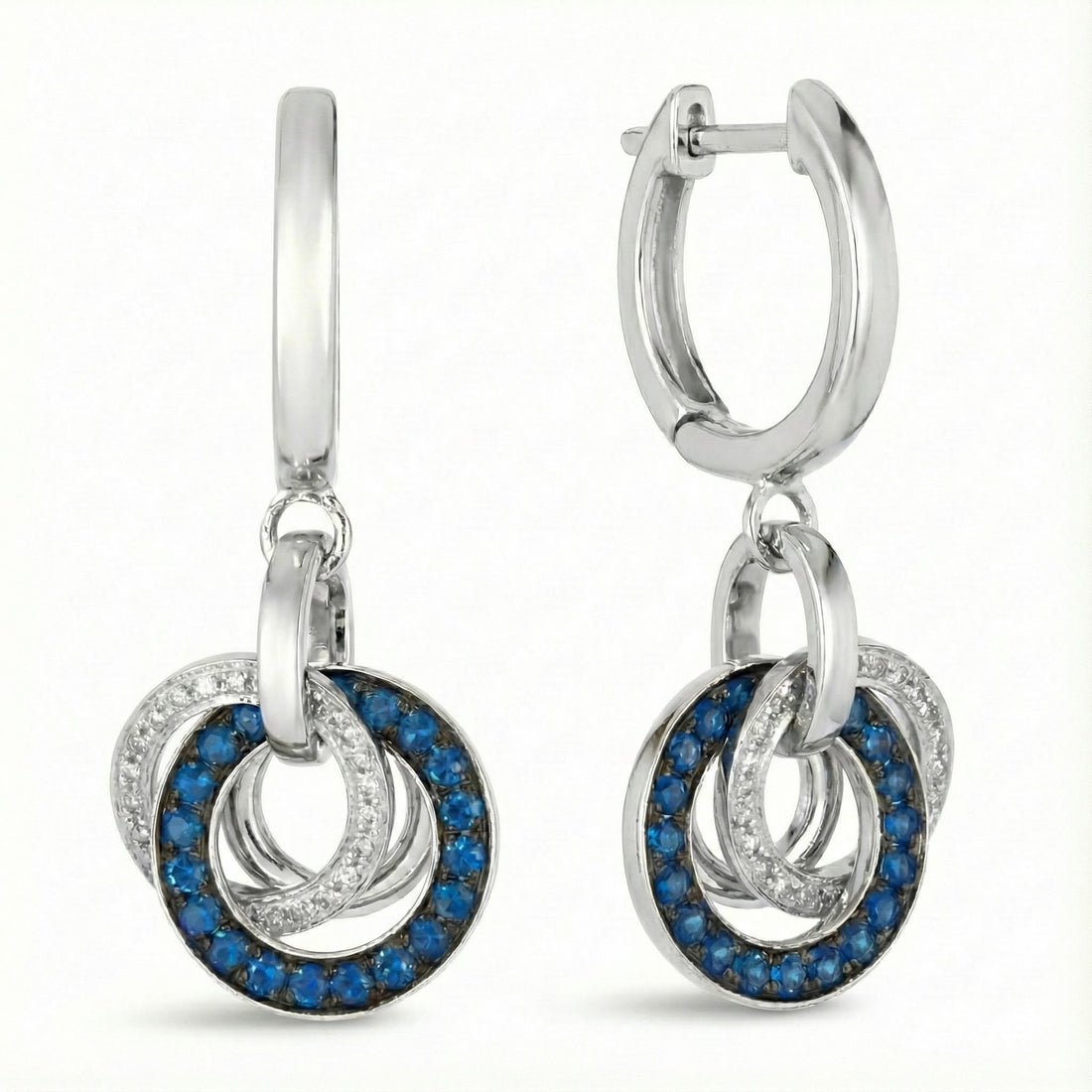 Blue Sapphire & Diamond Interlocking Drop Earrings | 14K White Gold | 0.61 ctw | Leverback - Brownee Jewelers