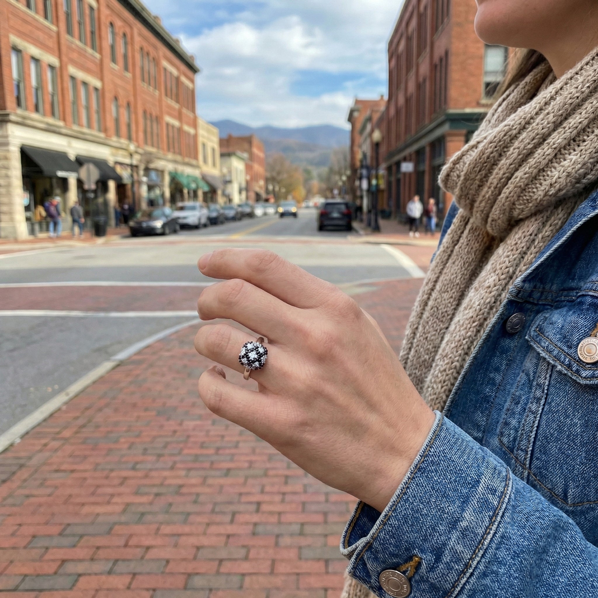 Black & White Diamond Checkerboard Ring | 14K White Gold | Round Brilliant Cluster Design - Brownee Jewelers