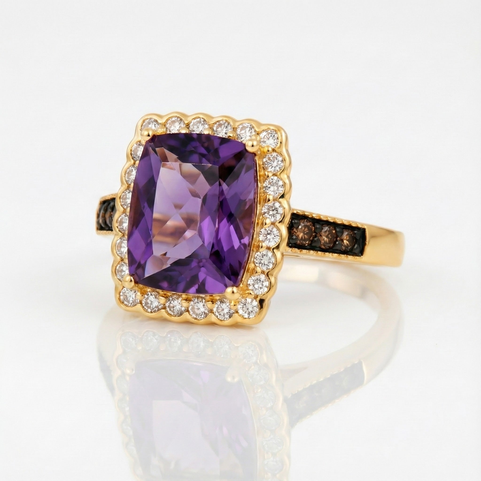 Le Vian® 14K Honey Gold™ Grape Amethyst™, Chocolate Diamond®, & Vanilla Diamond® Ring This vibrant Le Vian® Chocolatier® ring features a bold 2 3/8 ct. Grape Amethyst™ in a striking cushion cut, radiating rich purple brilliance