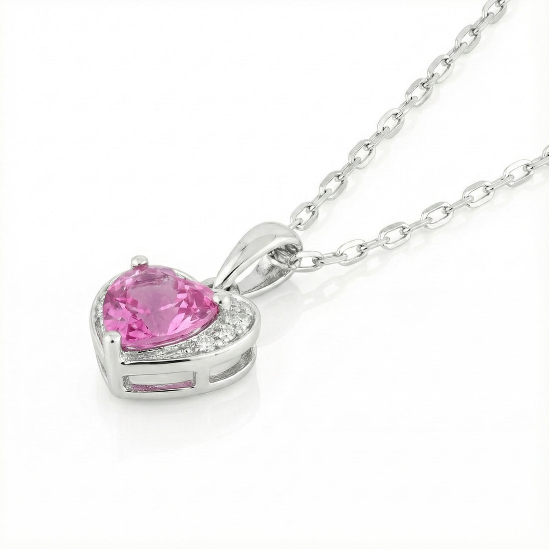 Madison L | Heart-Shaped Pink Sapphire & Diamond Halo Pendant | 14K White Gold | Created Pink Sapphire Necklace - Brownee Jewelers