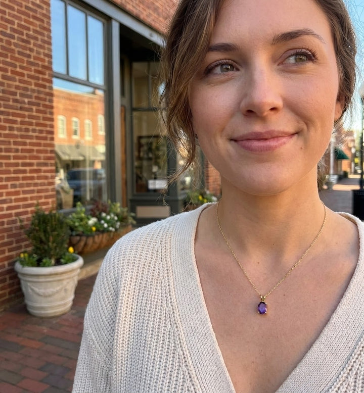 Oval Amethyst Pendant, 8×6 mm | 14K Yellow Gold | Solitaire | Classic Prong Setting - Brownee Jewelers