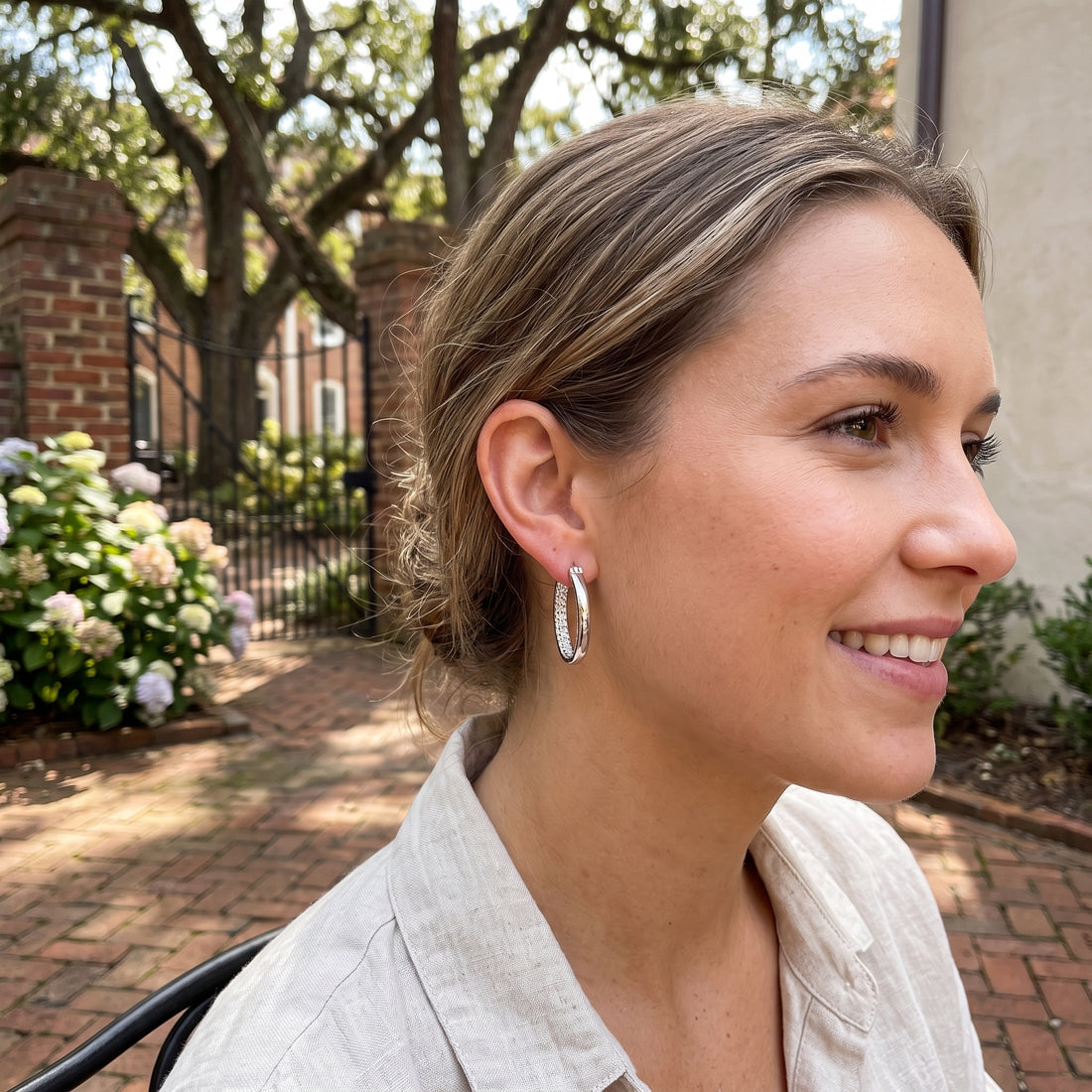 Sterling Silver Inside Pavé DiamondLite Cubic Zirconia 22MM Hoop Earrings