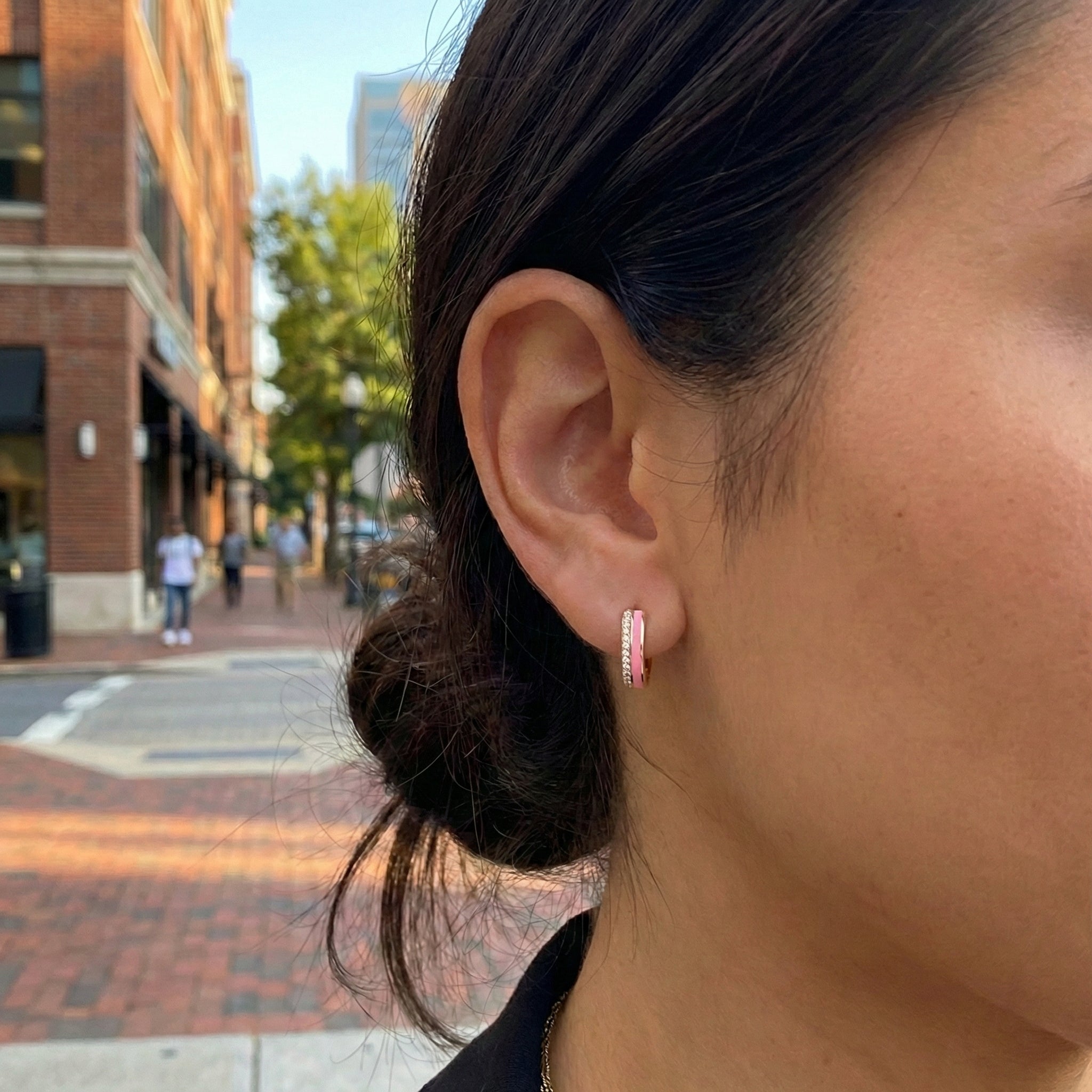 Diamond & Pink Enamel Huggie Earrings | 14K Yellow Gold | 0.08 ctw | Modern Color Hoops - Brownee Jewelers