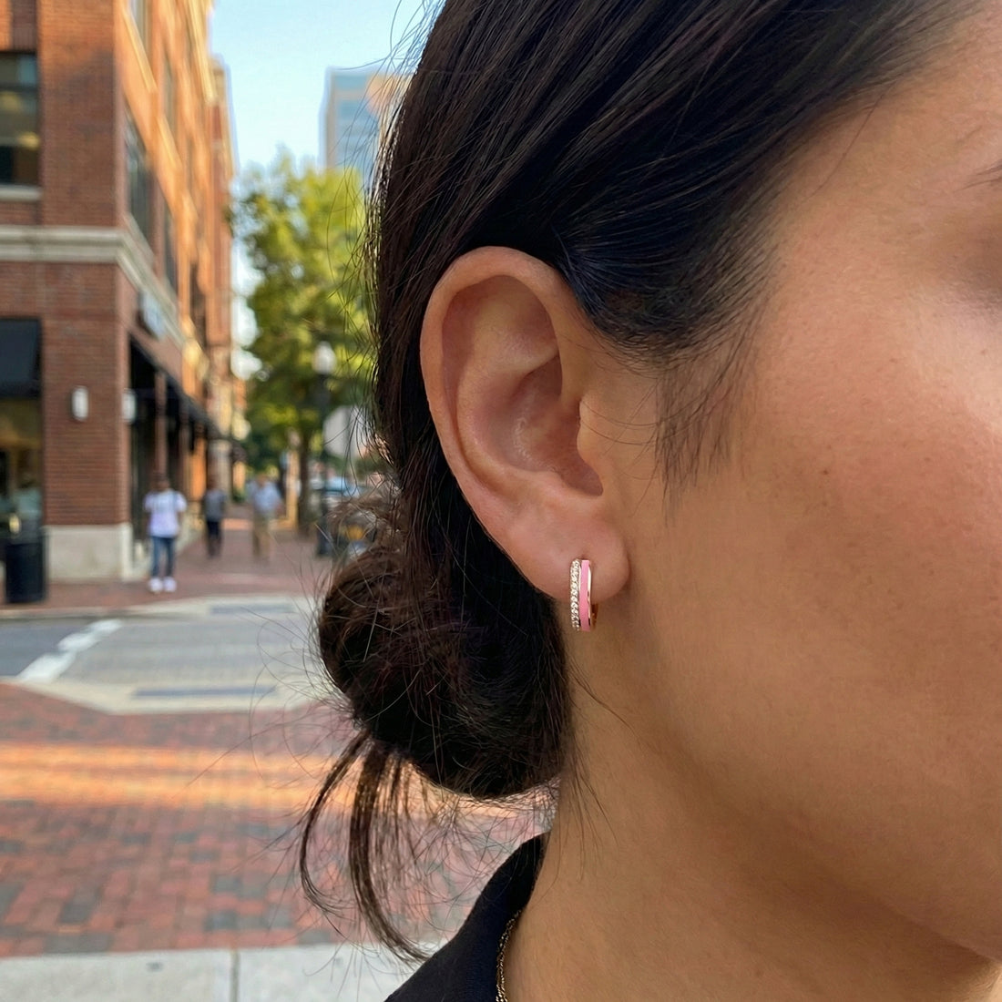 Diamond & Pink Enamel Huggie Earrings | 14K Yellow Gold | 0.08 ctw | Modern Color Hoops - Brownee Jewelers