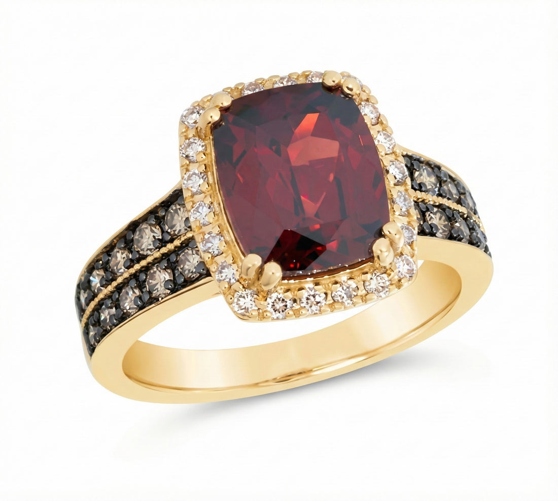 Le Vian® Pomegranate Garnet™ & Diamond Ring – 14K Honey Gold™ Bold and irresistibly rich, this striking ring by Le Vian features a dramatic cushion-cut Pomegranate Garnet™ glowing with deep crimson intensity