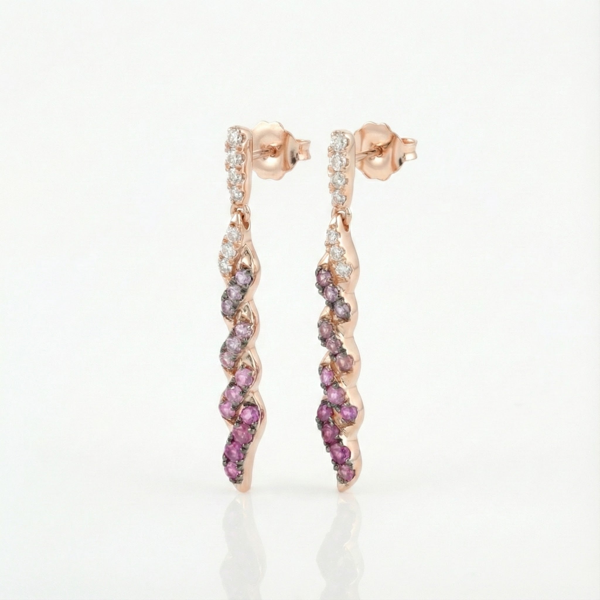 Pink & White Sapphire Swirl Drop Earrings | 14K Rose Gold | Diamond Accents - Brownee Jewelers