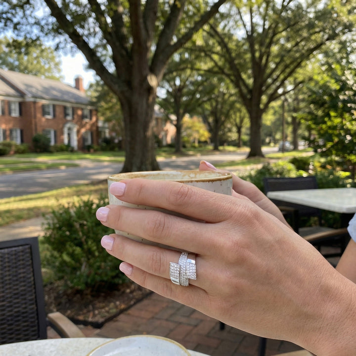 Round Diamond Cluster Ring | 14K White Gold | Pavé Multi-Panel Design | Diamond Fashion Ring - Brownee Jewelers