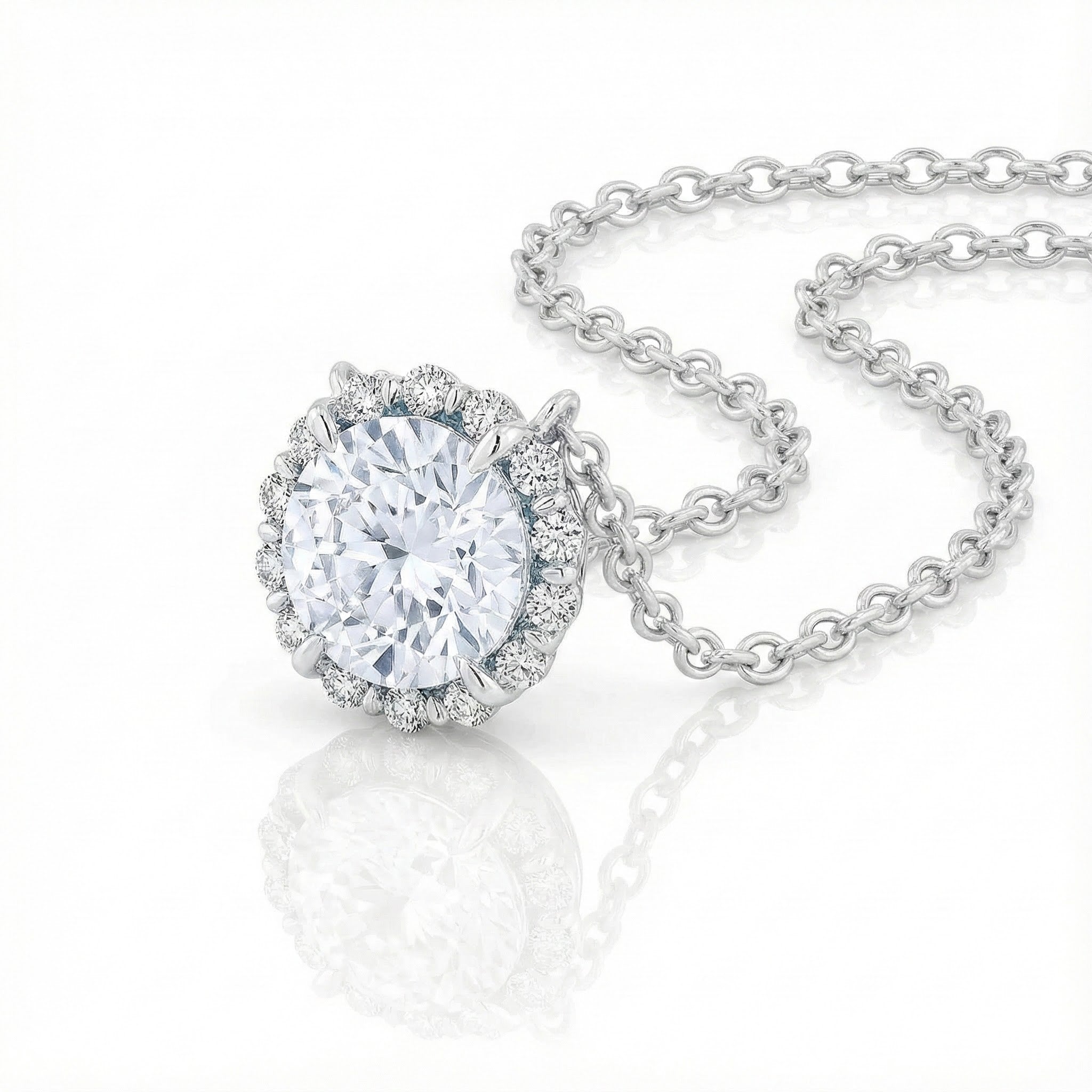 Madison L | Round White Topaz & Diamond Halo Pendant | 14K White Gold | Classic Solitaire Necklace - Brownee Jewelers