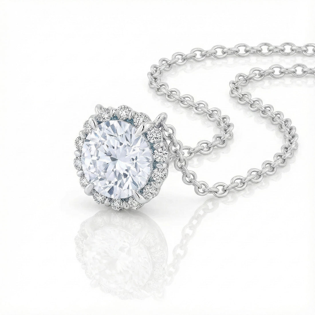 Madison L | Round White Topaz & Diamond Halo Pendant | 14K White Gold | Classic Solitaire Necklace - Brownee Jewelers
