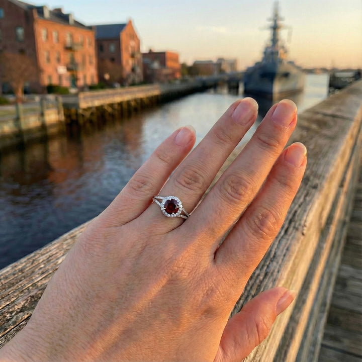 Madison L | Round Garnet & Diamond Halo Ring | 14K White Gold | Split Shank Gemstone Ring - Brownee Jewelers