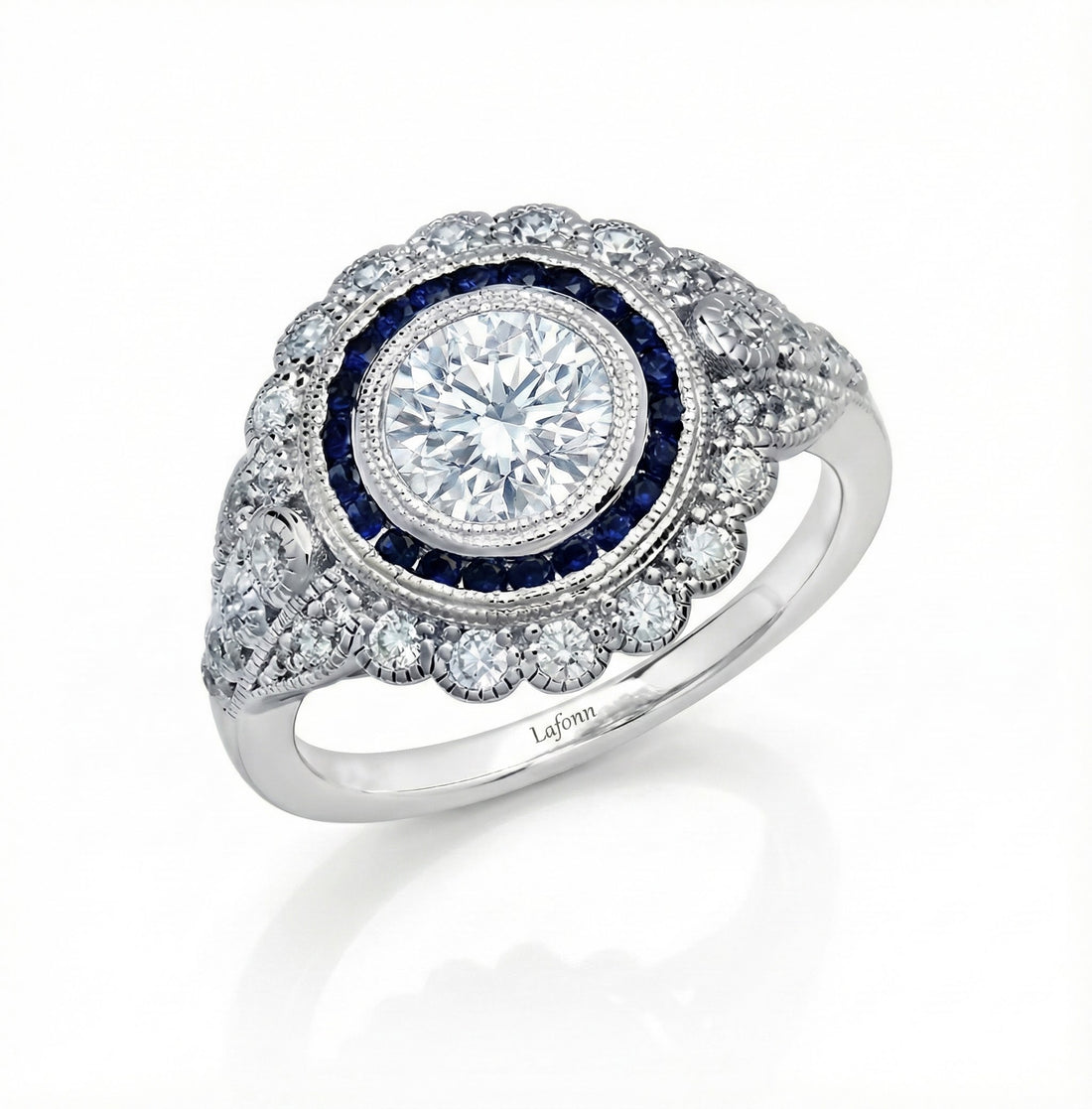 Round CZ Ring with Sapphire Halo | Sterling Silver | Vintage-Inspired Halo Ring - Brownee Jewelers