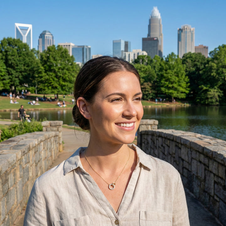 Diamond Double Circle Necklace | 14K Yellow Gold | Round Diamonds | Interlocking Pendant | 18" - Brownee Jewelers