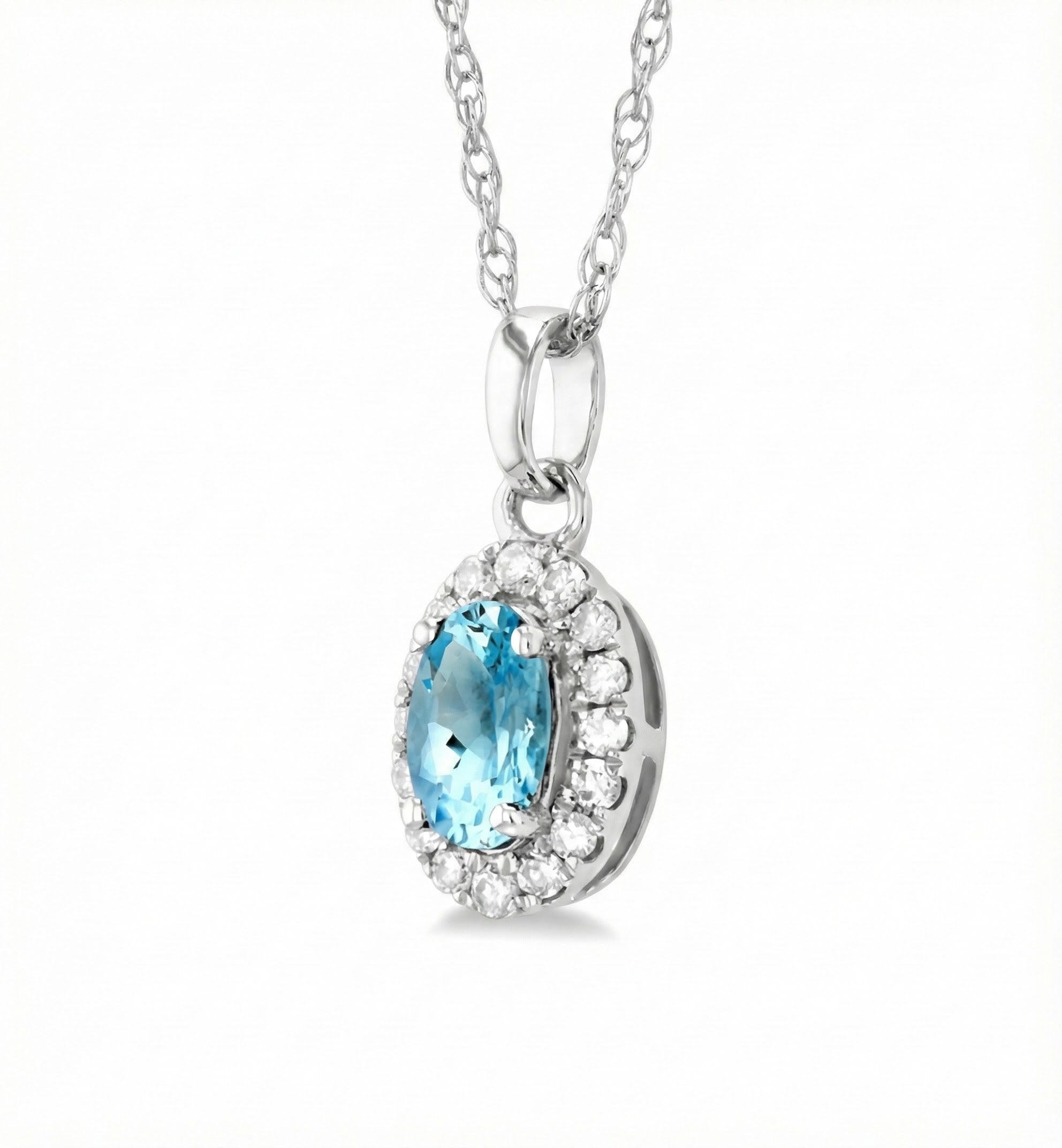 Aquamarine Diamond Halo Pendant, Oval 5×3 mm, 0.07 ctw