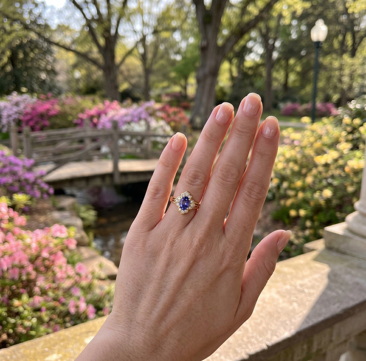 Oval Tanzanite Ring | 14K Yellow Gold | Diamond Halo Cluster Ring | Vintage-Inspired Floral Design - Brownee Jewelers
