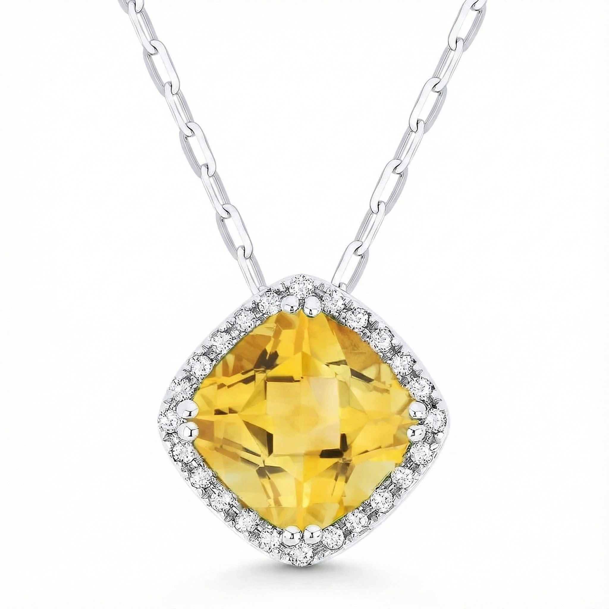 Madison L | Citrine & Diamond Halo Pendant | 14K White Gold | Cushion-Cut Yellow Gemstone Necklace - Brownee Jewelers