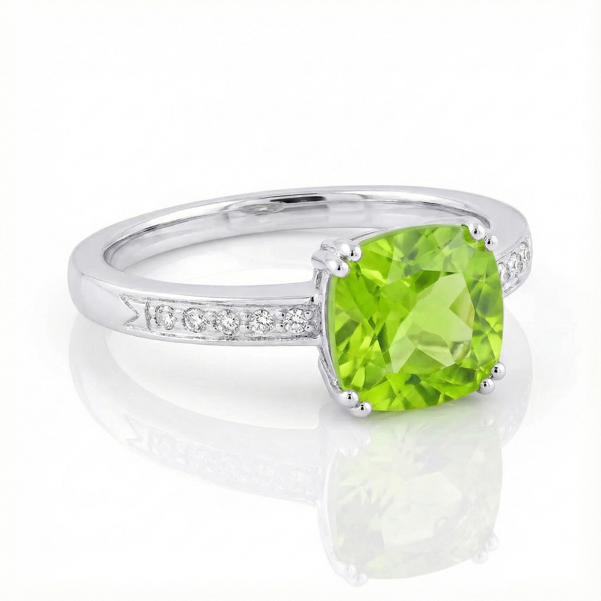 Madison L | Cushion Peridot & Diamond Ring | 14K White Gold | Green Gemstone Ring | Diamond Accents - Brownee Jewelers