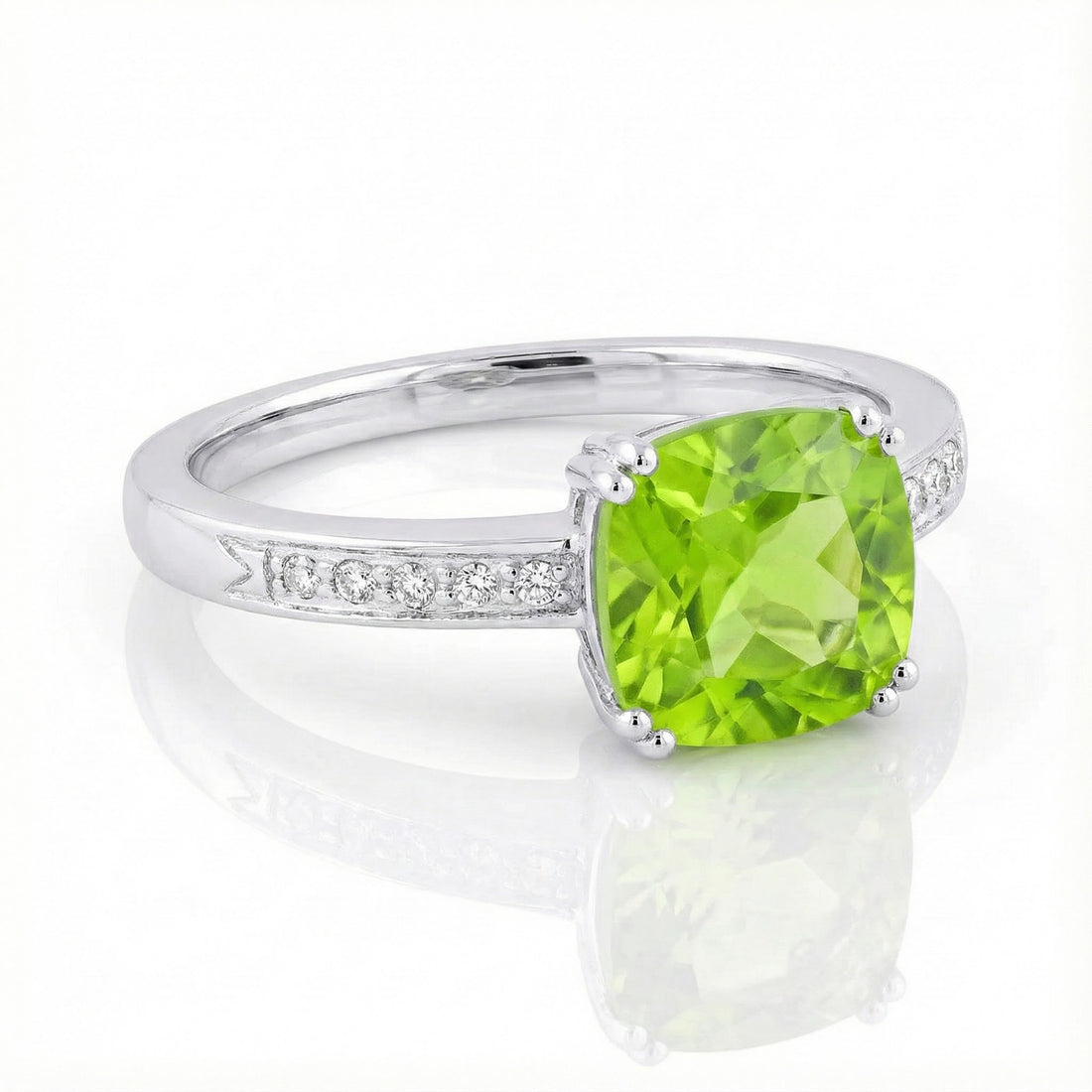 Madison L | Cushion Peridot & Diamond Ring | 14K White Gold | Green Gemstone Ring | Diamond Accents - Brownee Jewelers