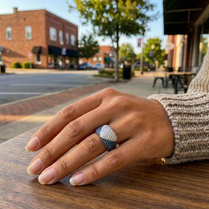 Blue & White Diamond Statement Ring | 18K White Gold & Black Rhodium | Pavé Diamond Ring | Bold Fashion Design - Brownee Jewelers