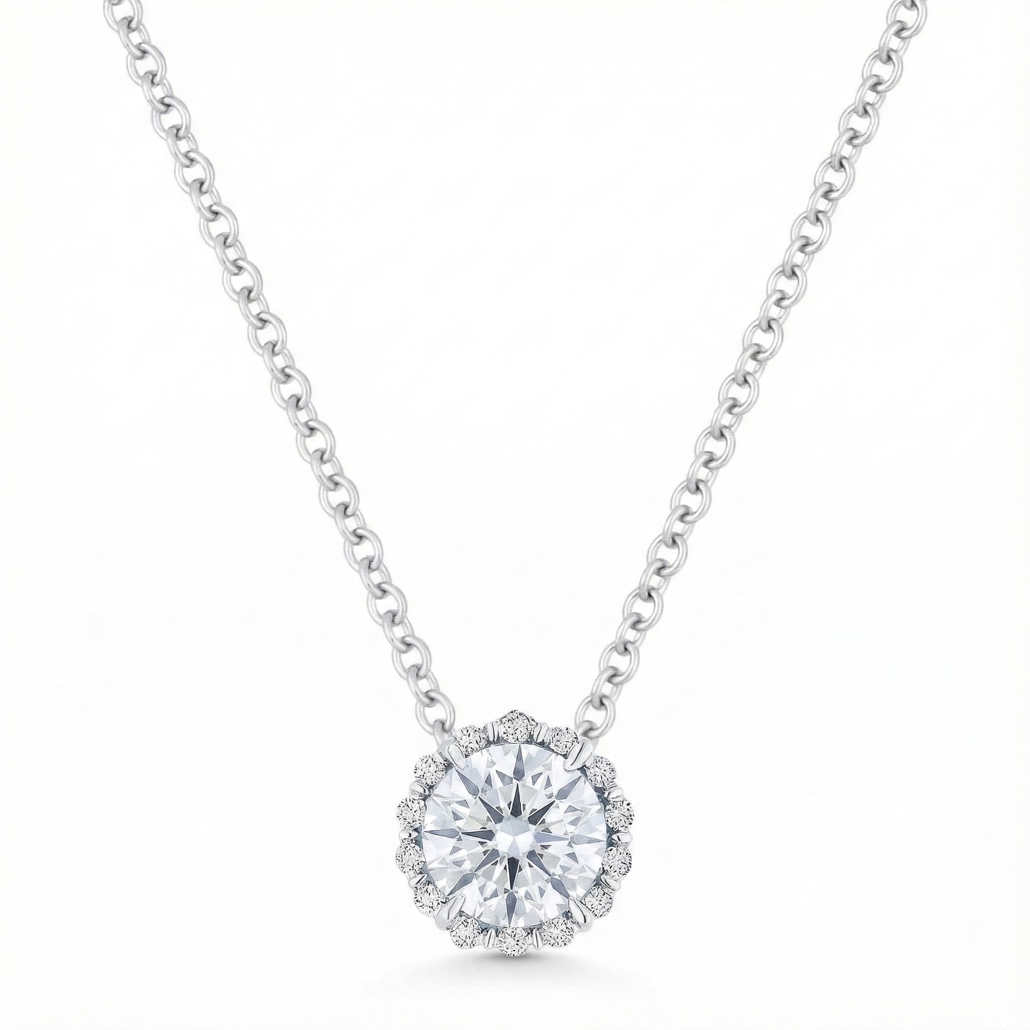Madison L | Round White Topaz & Diamond Halo Pendant | 14K White Gold | Classic Solitaire Necklace - Brownee Jewelers