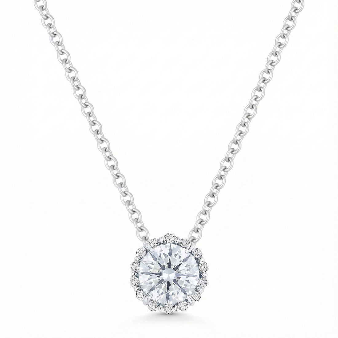 Madison L | Round White Topaz & Diamond Halo Pendant | 14K White Gold | Classic Solitaire Necklace - Brownee Jewelers
