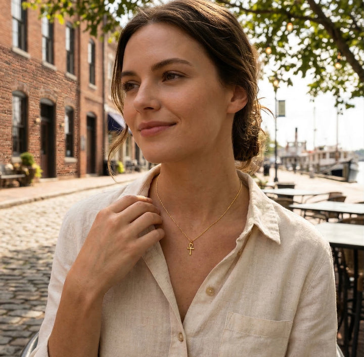 Ankh Cross Pendant Necklace | 14K Yellow Gold | Adjustable 18" Chain | 3D Symbol of Life - Brownee Jewelers