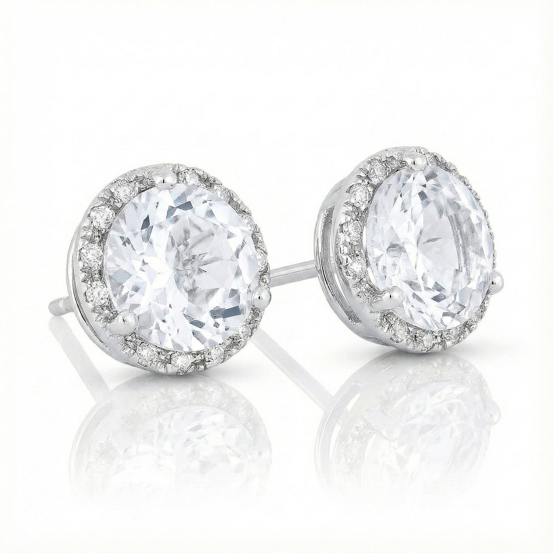 Madison L | White Topaz Diamond Halo Stud Earrings | 14K White Gold | Round Gemstone Earrings - Brownee Jewelers