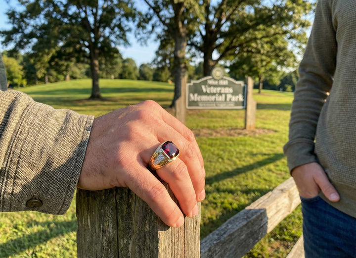 10K Two-Tone Cushion Garnet & Diamond Gentlemen’s Ring – Size 10