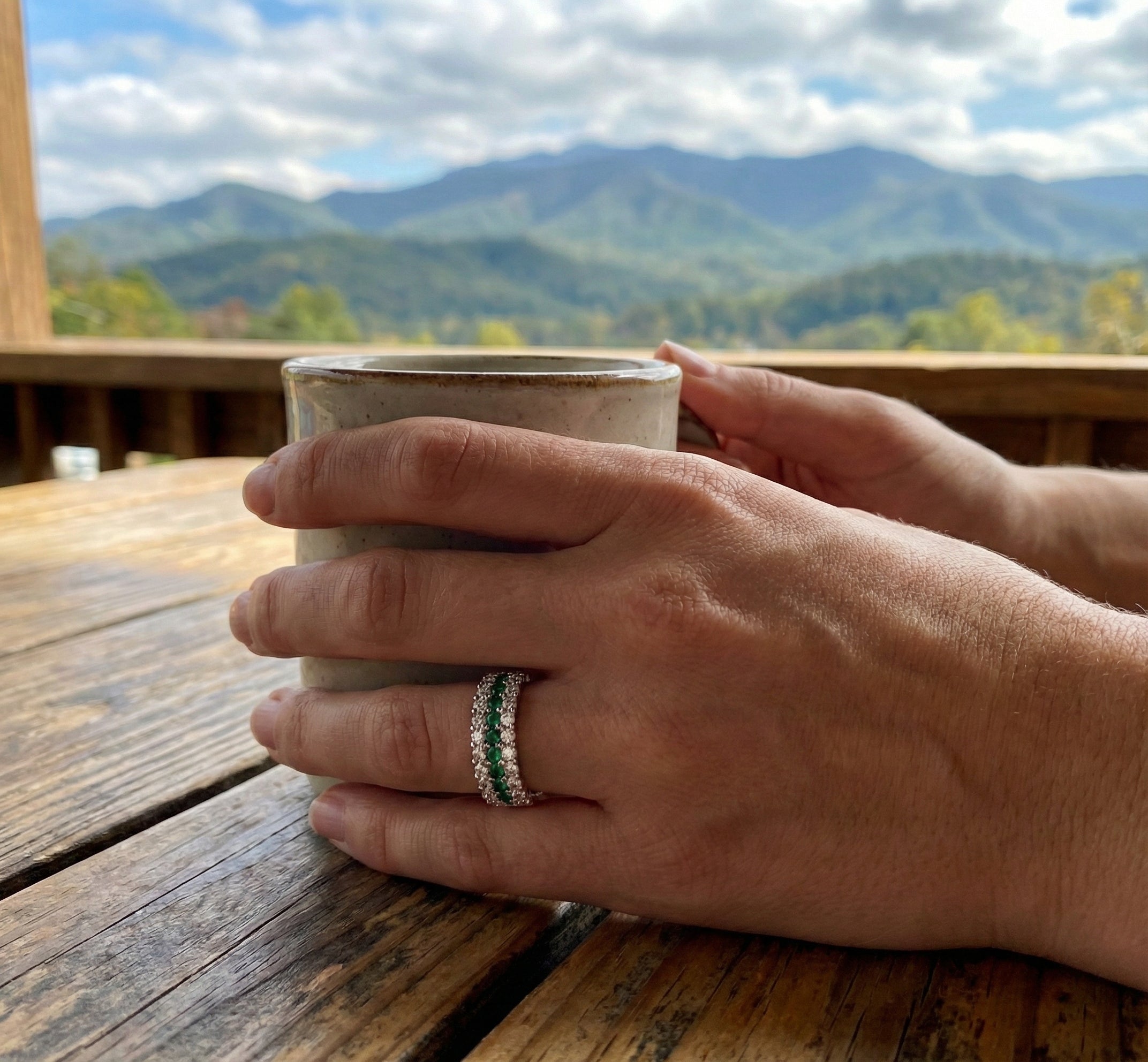 Emerald & Lab-Grown Diamond Three-Row Band | 10K White Gold | 0.85 ctw | Stackable Ring - Brownee Jewelers