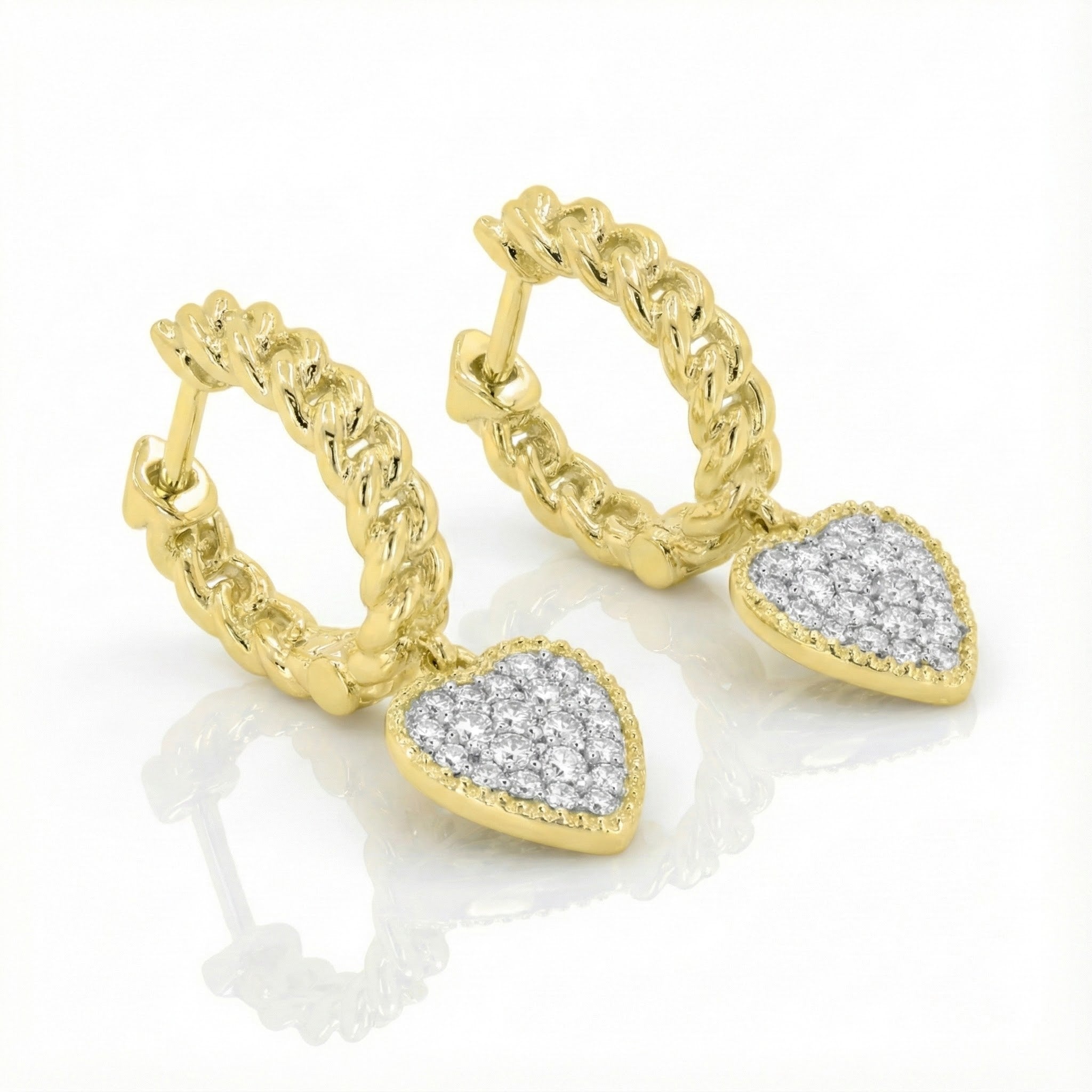 Madison L | Diamond Heart Drop Hoop Earrings | 14K Yellow Gold | Pavé Heart Charm Hoops - Brownee Jewelers