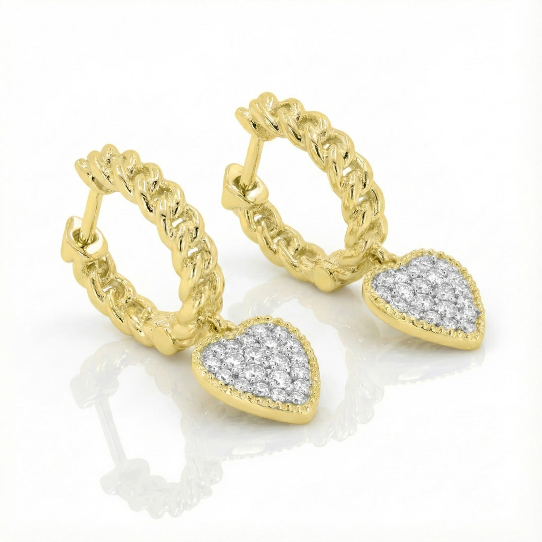 Madison L | Diamond Heart Drop Hoop Earrings | 14K Yellow Gold | Pavé Heart Charm Hoops - Brownee Jewelers