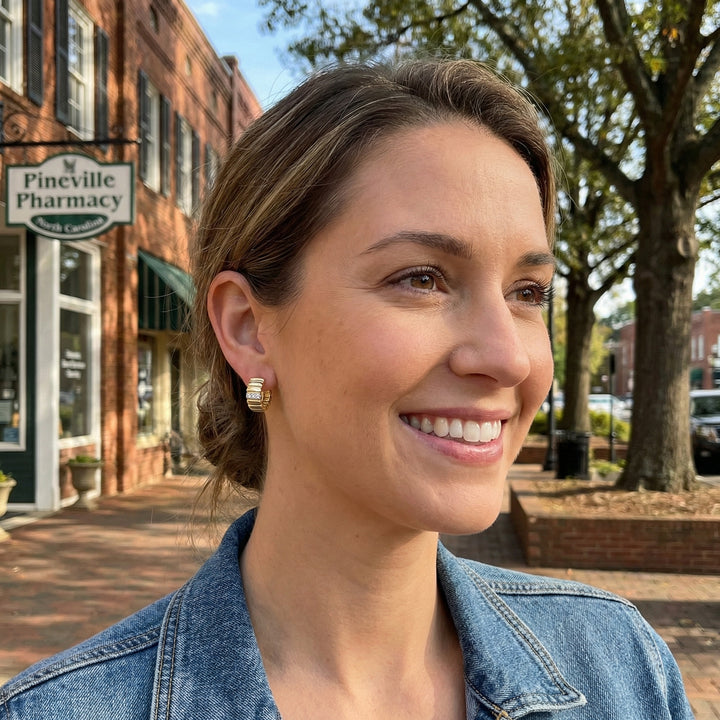 Diamond Ribbed Huggie Earrings | 14K Yellow Gold | 0.09 ctw | Pavé Huggies - Brownee Jewelers