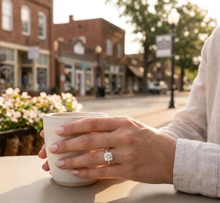 Round Lab-Grown Diamond Engagement Ring | 14K White Gold | Approx. 2 ct Center | Pavé Diamond Band - Brownee Jewelers