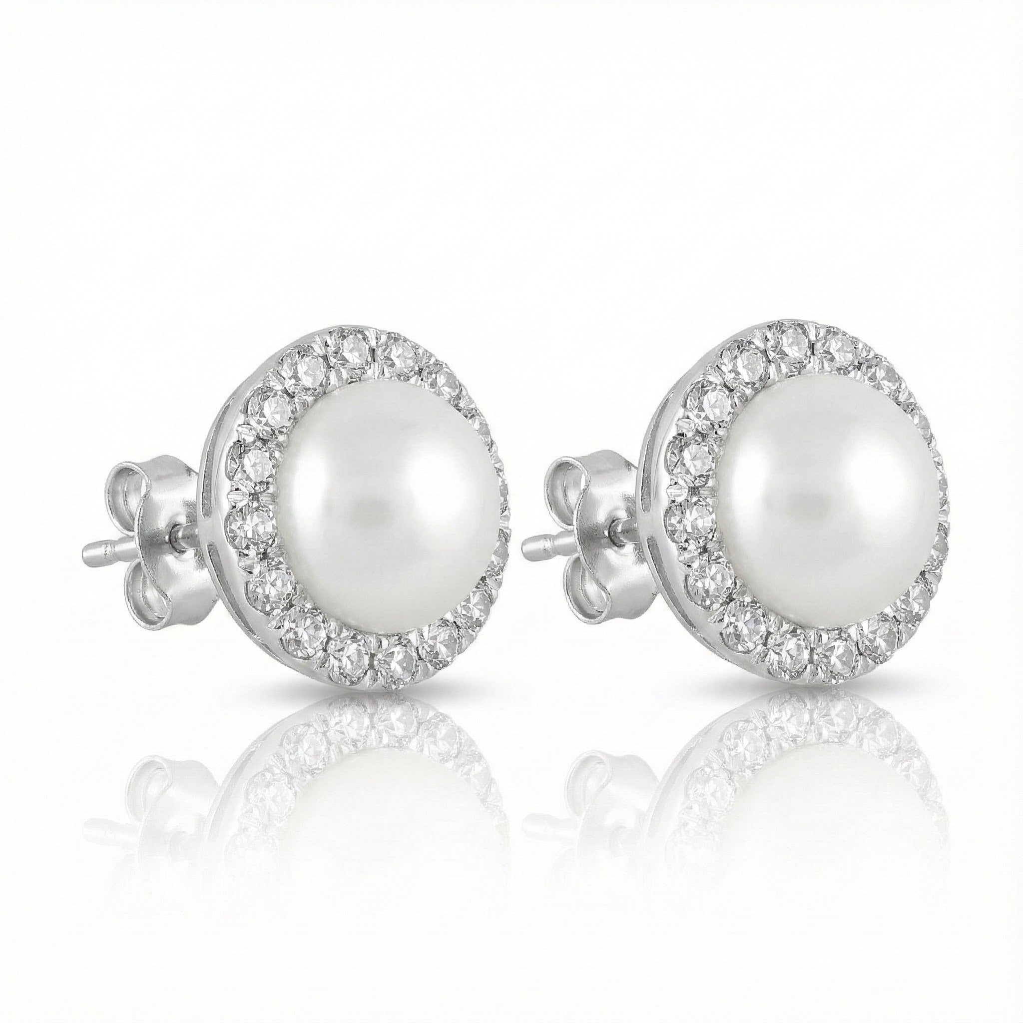 10K White Gold Pearl & Diamond Halo Stud Earrings – 1/8 CTW