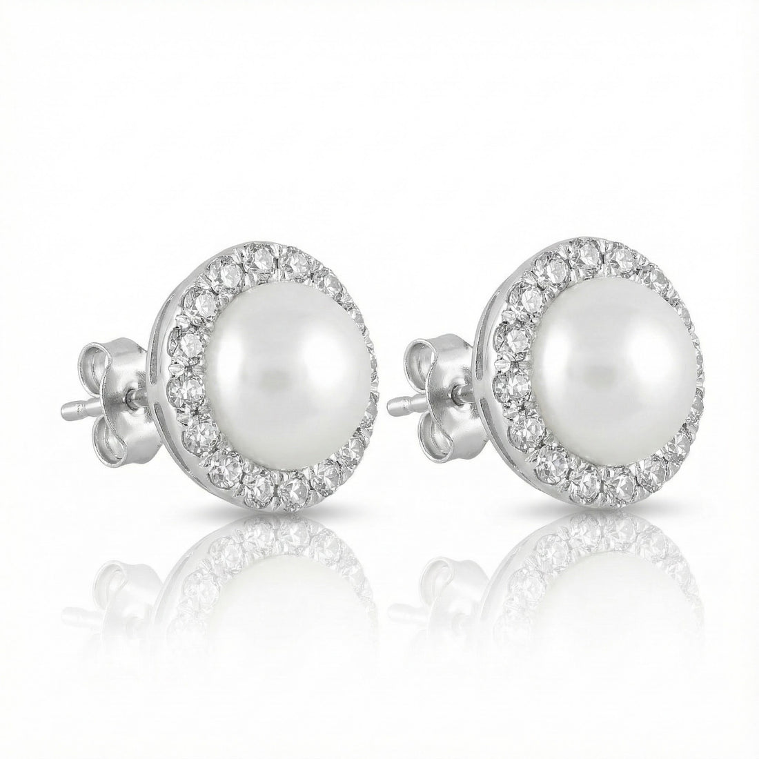 10K White Gold Pearl & Diamond Halo Stud Earrings – 1/8 CTW