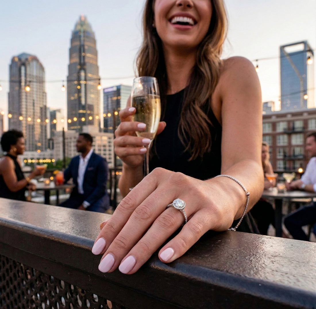 Round Lab-Grown Diamond Halo Ring | 14K White Gold | Engagement Ring | 0.75 ct Center | 1.01 ctw | Pavé Band - Brownee Jewelers