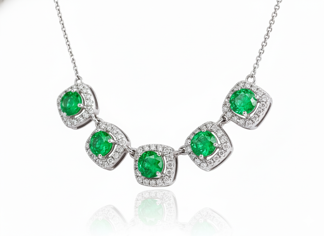14K White Gold 1.36ct Round Emerald & .38ct Diamond Necklace