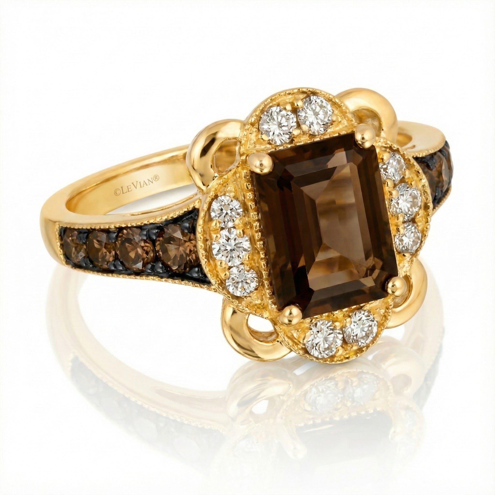 Le Vian® 14K Honey Gold™ Chocolate Quartz® & Chocolate/Nude Diamond™ Ring (1.72ctw) Rich, warm, and unmistakably Le Vian®—this gorgeous ring showcases a bold 1 1/6 ct. Chocolate Quartz® center framed by a scalloped halo of 1/5 cts. Nude Diamonds™