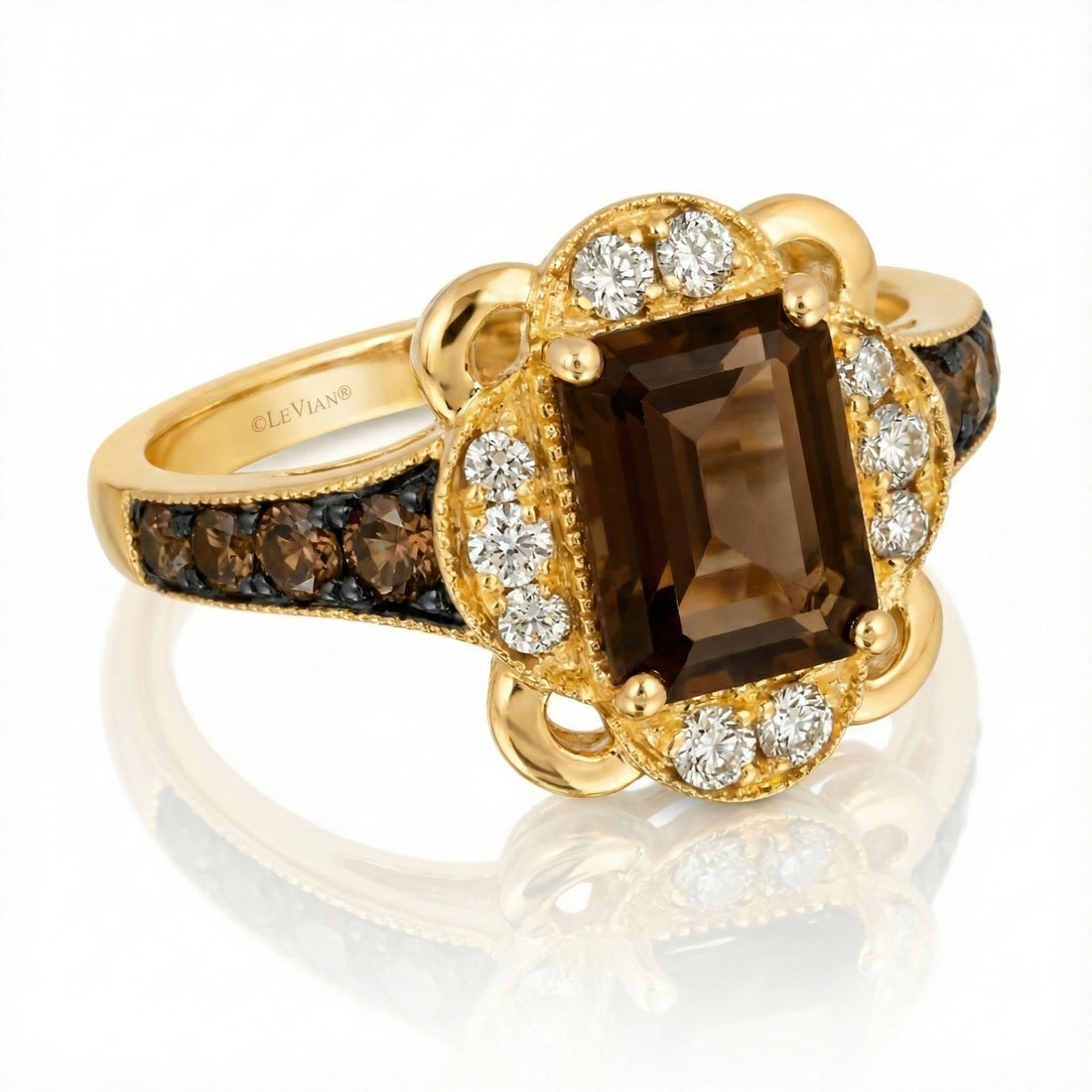 Le Vian® 14K Honey Gold™ Chocolate Quartz® & Chocolate/Nude Diamond™ Ring (1.72ctw) Rich, warm, and unmistakably Le Vian®—this gorgeous ring showcases a bold 1 1/6 ct. Chocolate Quartz® center framed by a scalloped halo of 1/5 cts. Nude Diamonds™