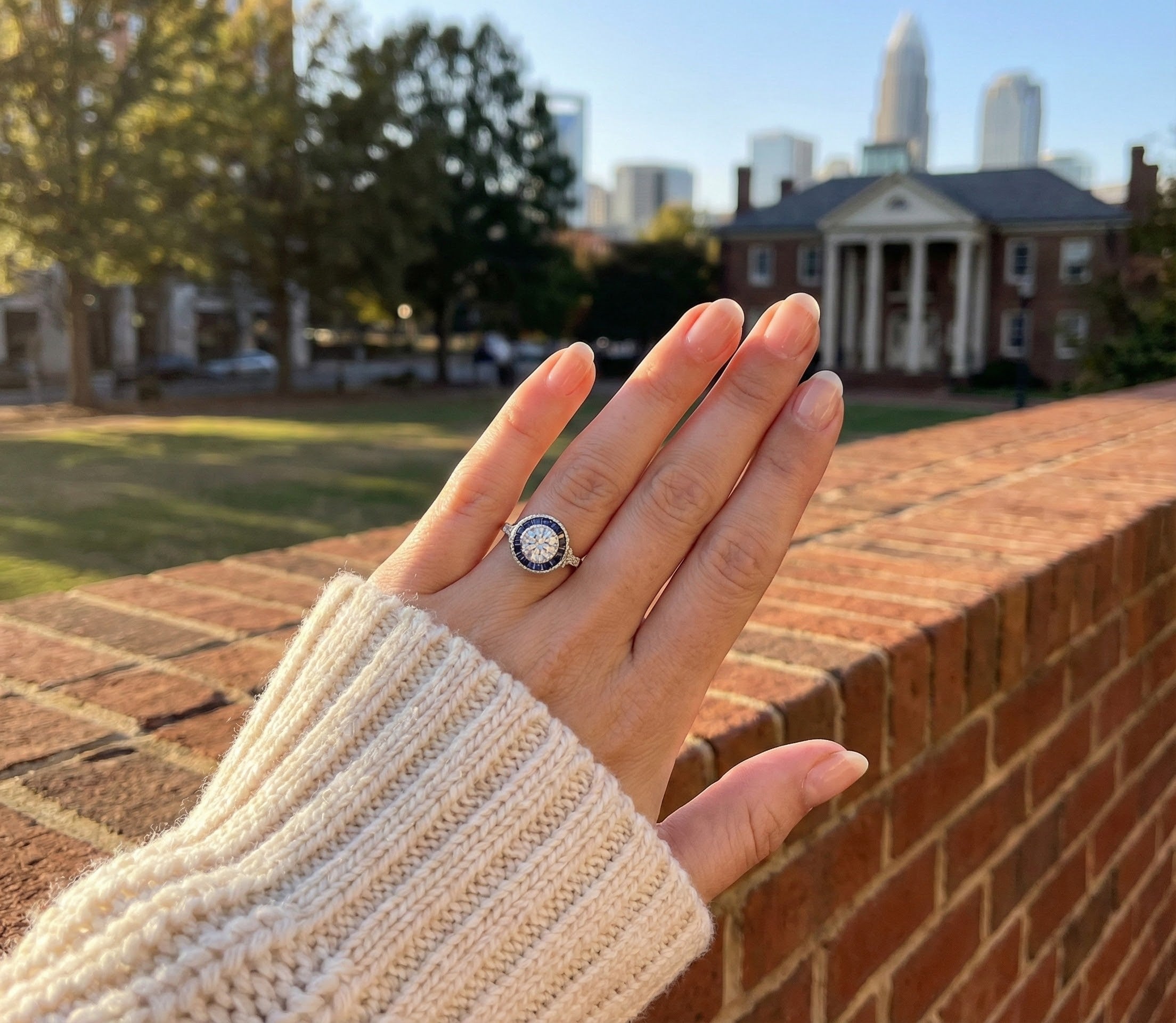 Round CZ & Baguette Lab Sapphire Halo Ring | Sterling Silver - Brownee Jewelers