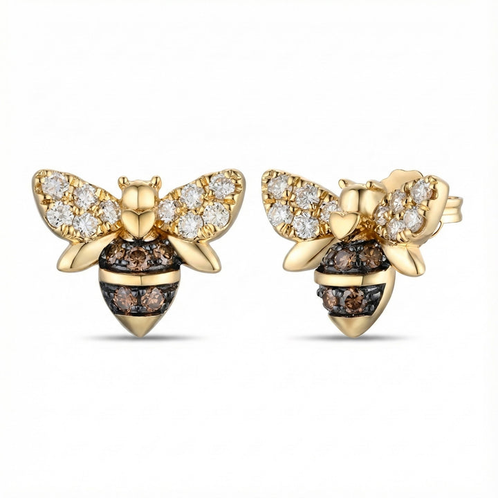 Diamond Bee Stud Earrings | 14K Yellow Gold | 0.52 ctw White & Chocolate Diamonds - Brownee Jewelers