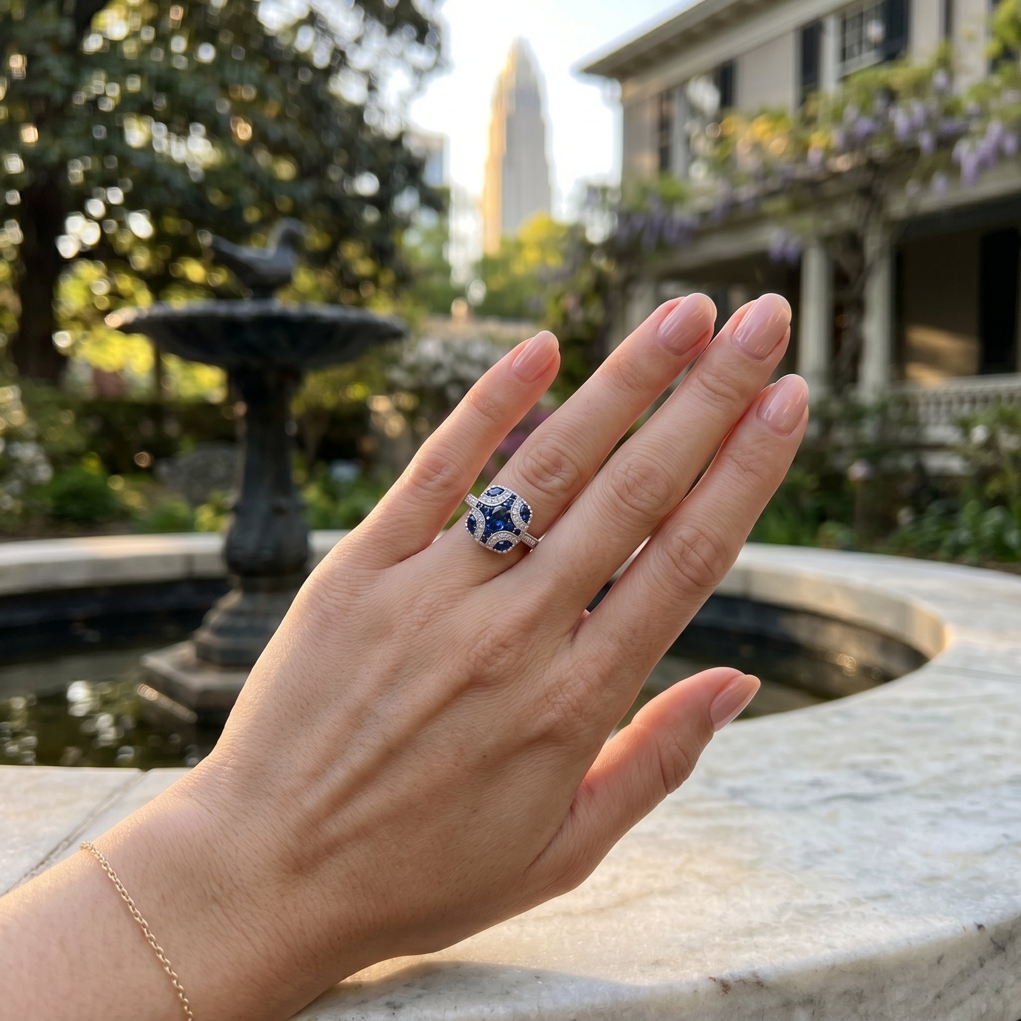 Blue Sapphire & Diamond Ring | 18K White Gold | 1.02CT Sapphire & .23CT Diamond Accent Ring | Vintage-Inspired Cushion Halo - Brownee Jewelers