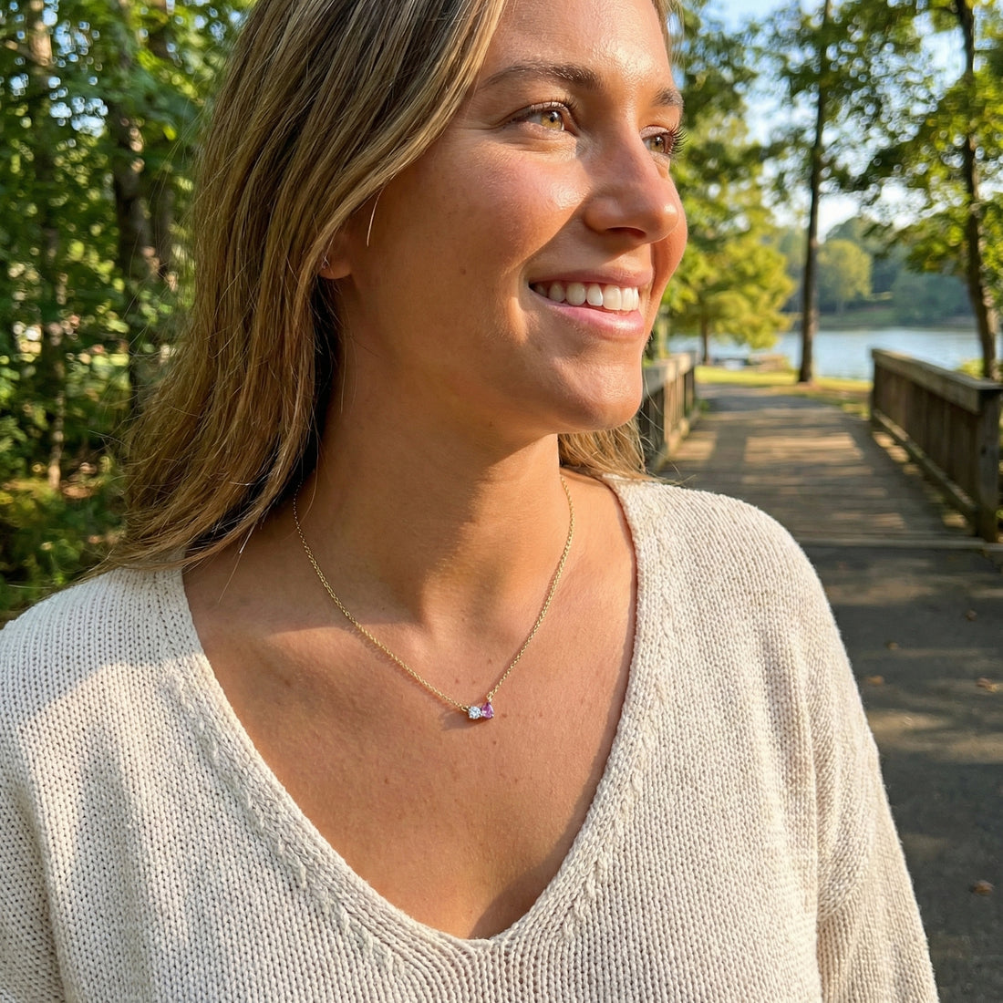 Pink Sapphire & Diamond Pear Necklace | 14K Yellow Gold | 0.56 ctw | Two-Stone Pendant - Brownee Jewelers