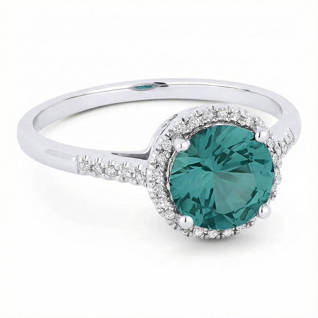 Madison L | Lab-Created Paraiba Tourmaline & Diamond Halo Ring | 14K White Gold | Round Gemstone Ring - Brownee Jewelers