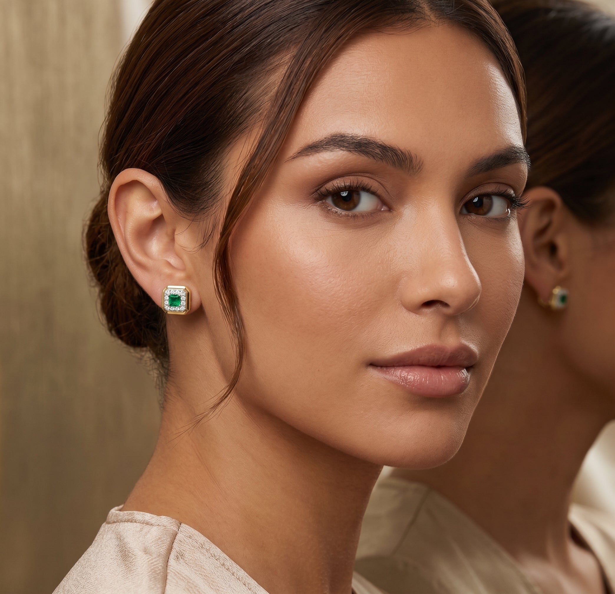 14KT YELLOW GOLD ASCHER CUT EMERALD SQUARE DIAMOND HALO STUD EARRINGS