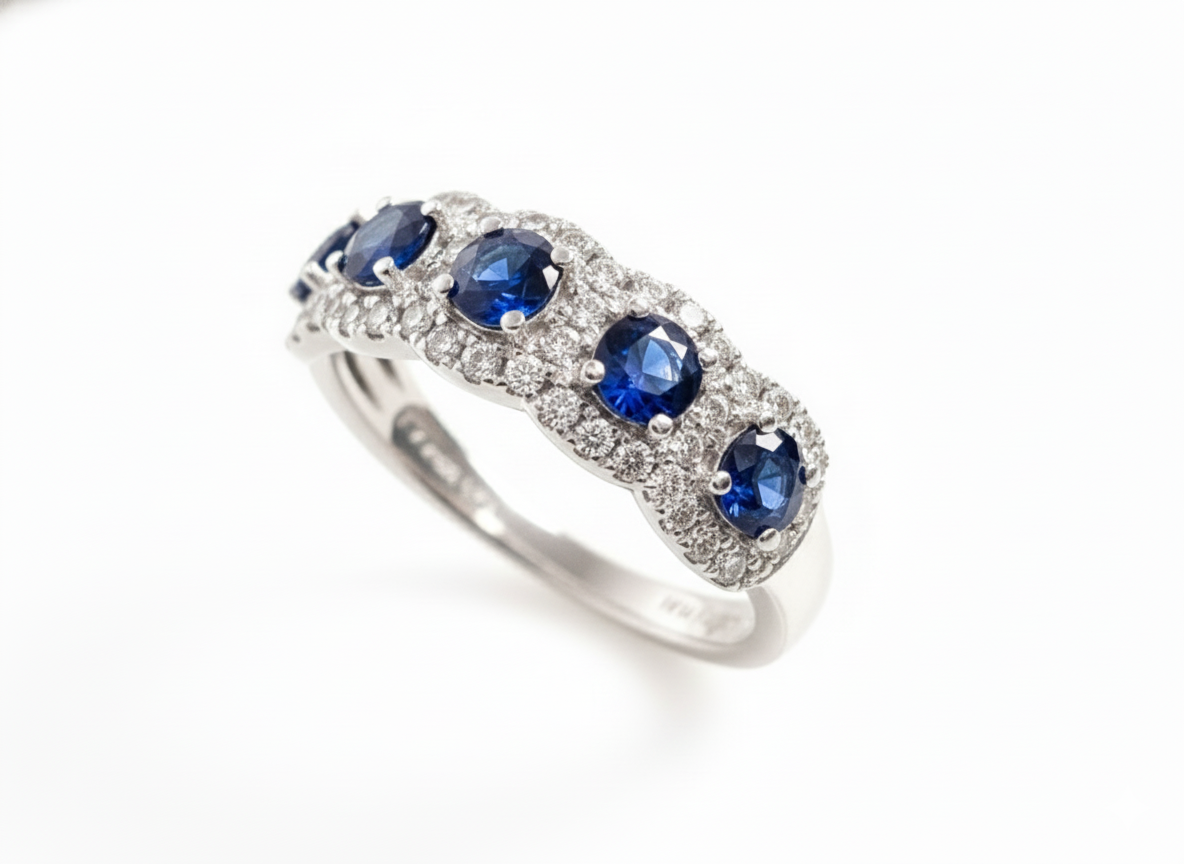 14K White Gold 1.01ct Sapphire & .42ct Diamond Five-Stone Ring