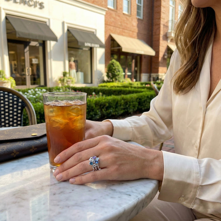 Le Vian® 14K Vanilla Gold® Multi-Gem Cluster Ring with Diamonds (1.39ctw) Colorful, artistic, and irresistibly unique—this Le Vian® cluster ring showcases a vibrant mix of gemstones, including 3/8 cts. Grape Amethyst™, 3/8 cts. Blueberry Tanzanite®, 1/3 cts. Deep Sea Blue Topaz™, and 1/4 cts. Sea Blue Aquamarine®