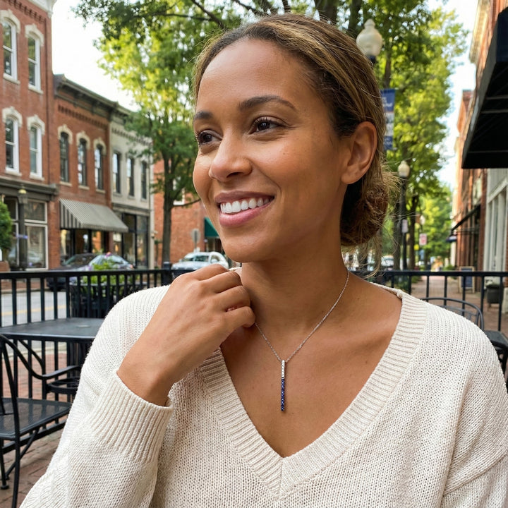 Le Vian® 14K Vanilla Gold® Denim Ombré® Sapphire & Vanilla Sapphire™ Pendant This sleek Le Vian® Ombre® pendant features a vertical bar design that transitions beautifully from deep midnight blue to soft sky blue