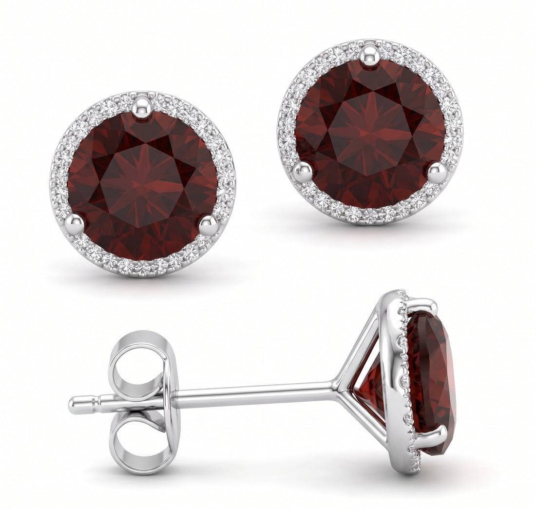 GARNET HALO STUD EARRINGS IN 14KT WHITE GOLD 