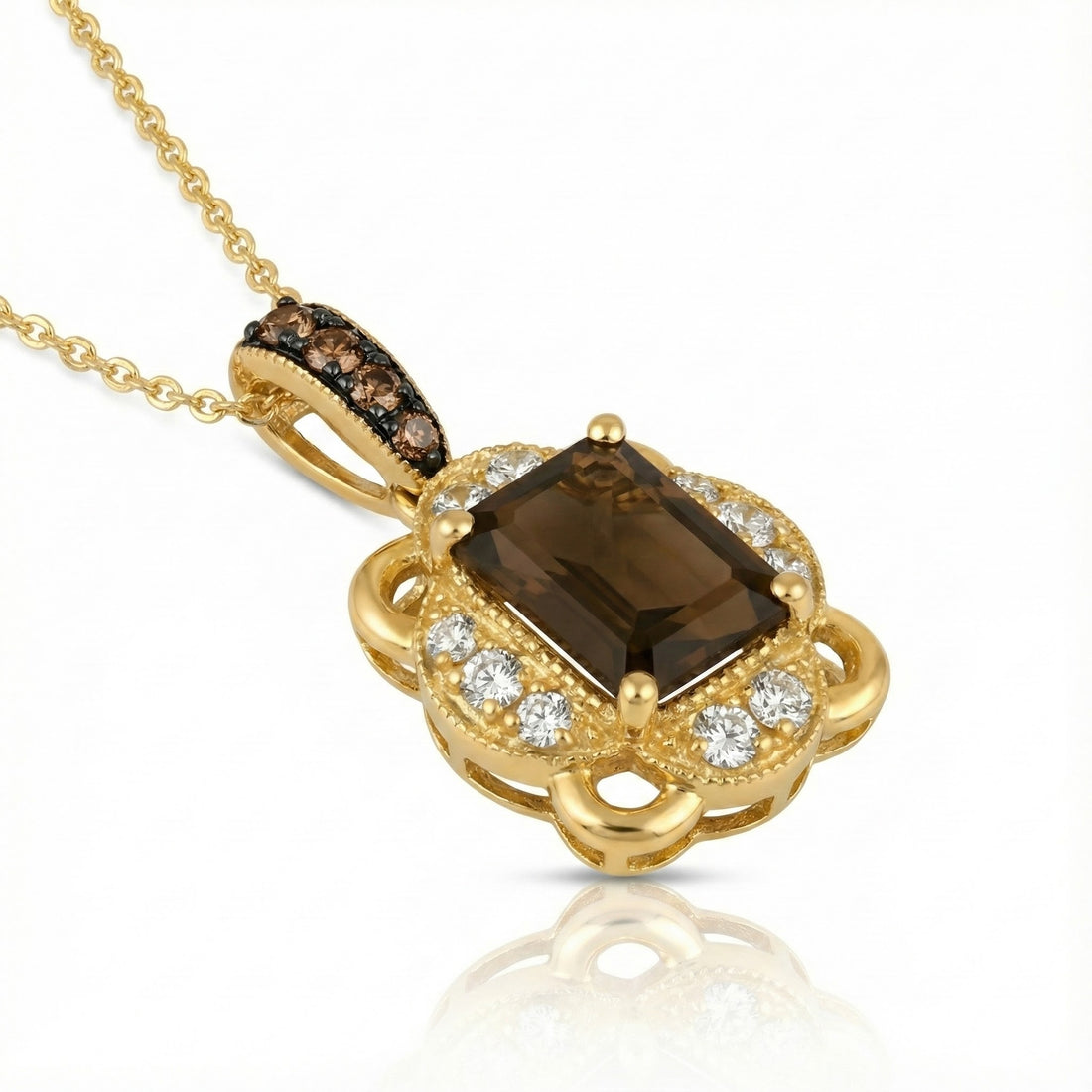 Smoky Quartz & Diamond Halo Pendant | 14K Yellow Gold | Emerald Cut | Brown Diamond Bail - Brownee Jewelers